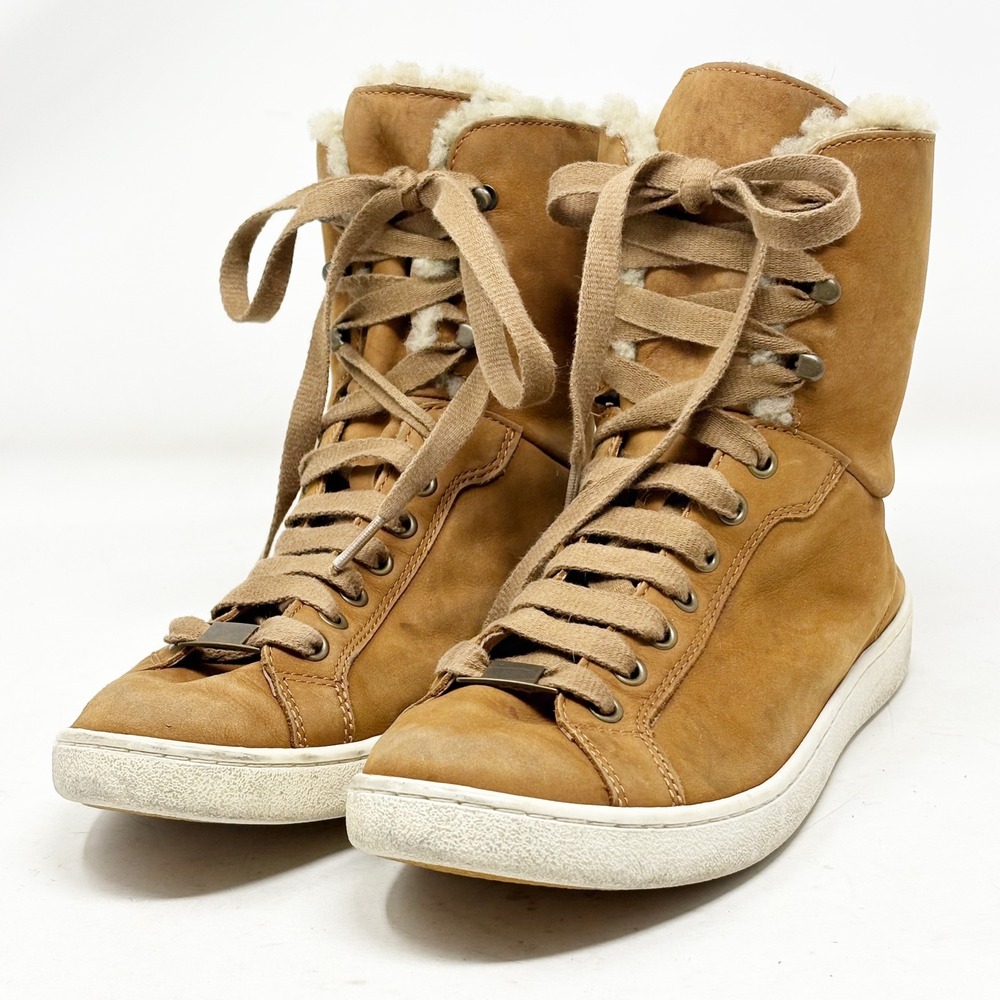 UGG Brown Leather Shearling Lined High Top Sneaker Boots Womens Size 10